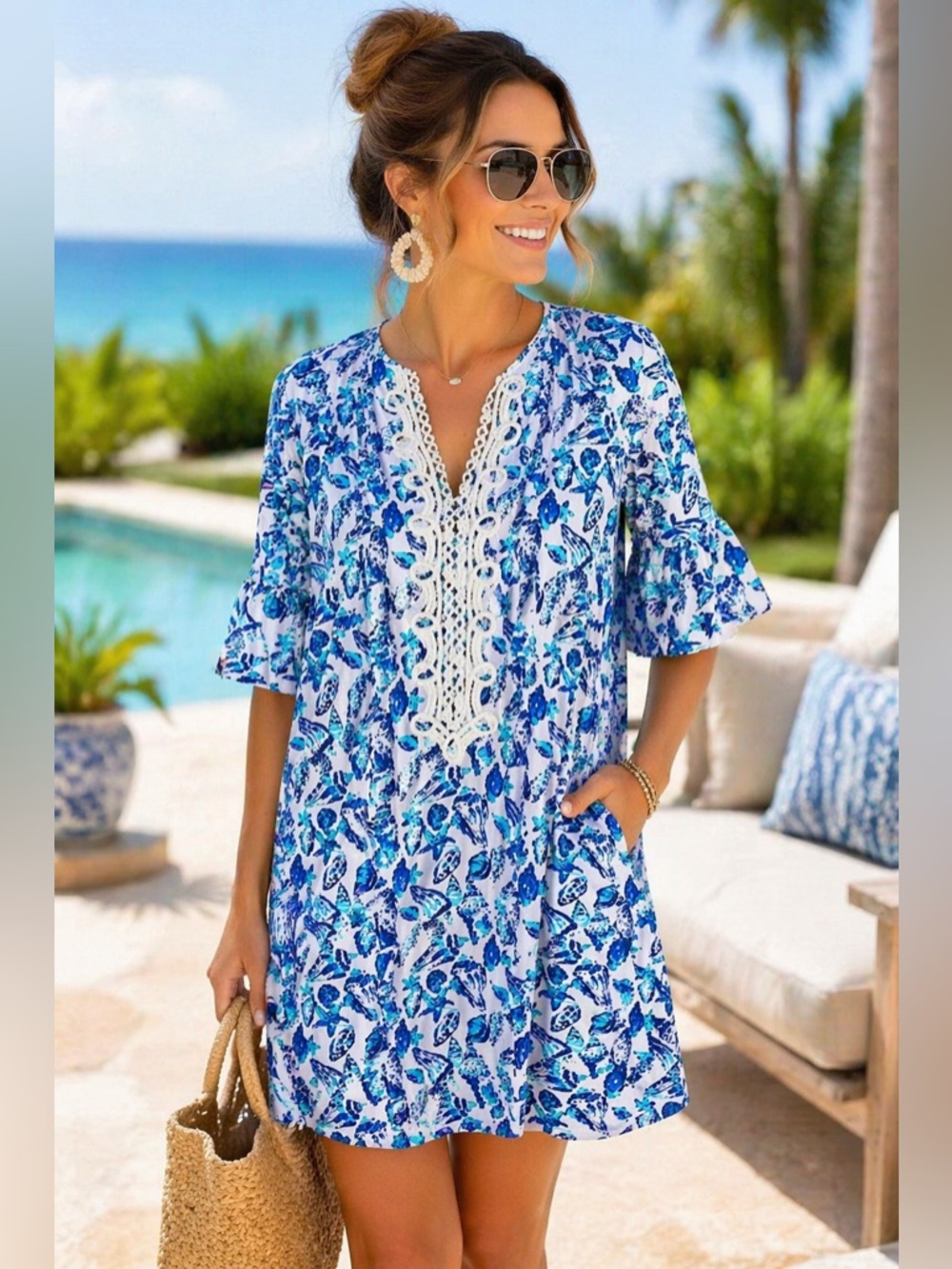 Lilly Pulitzer Elsa Tunic Dress Cover Up Blue Teal Seashell NWT Small Embroidery